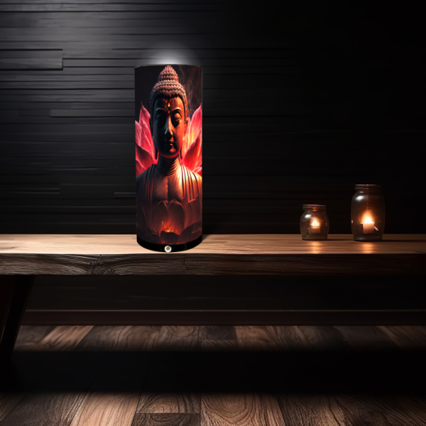 lámpara buda rojo con altavoz bluetooth en mesa