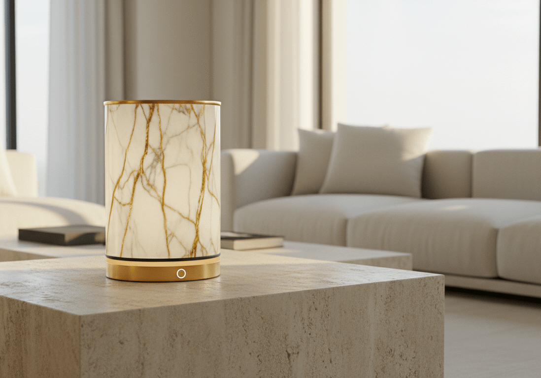lámpara mármol con altavoz bluetooth. Mobiliario iluminación y sonido exclusivo.